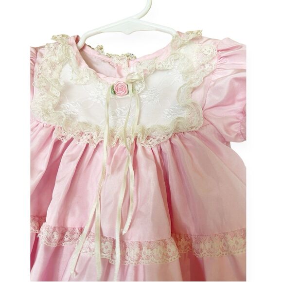 Martha’s Miniatures VTG Baby Girls Shiny Taffeta Dress Lace Pink Sz 12-18M Pink - Picture 2 of 9